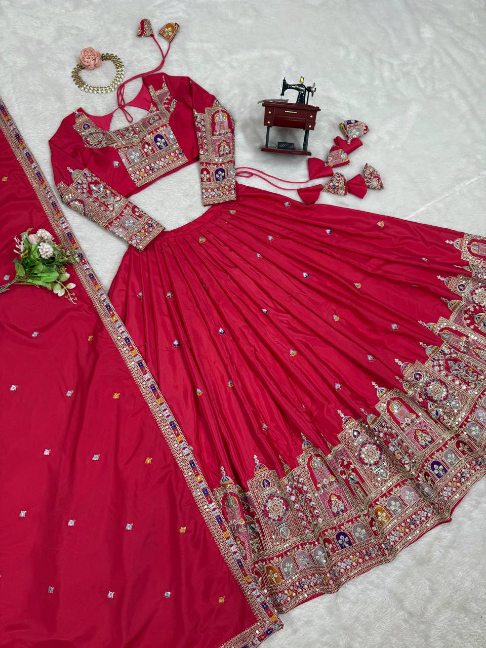 Majestic Midnight Black Designer Lehenga Choli Featuring Intricate Multicolored Architectural Embroidery and Mirror Work